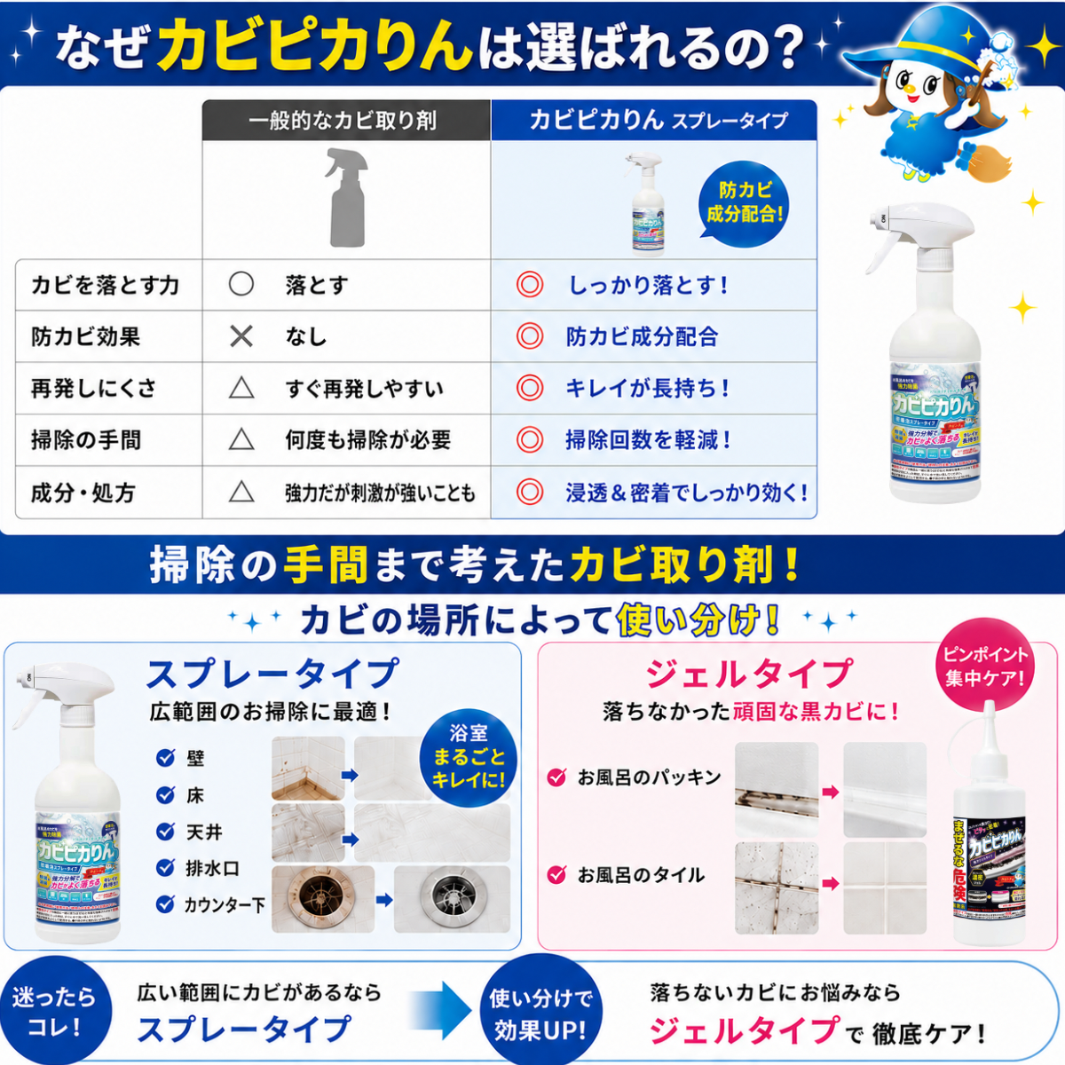 カビンヌ カビピカりんジェル カビ取りジェル 黒カビ ゴムパッキン タイル目地 高密着ジェル 防カビ成分配合 日本製