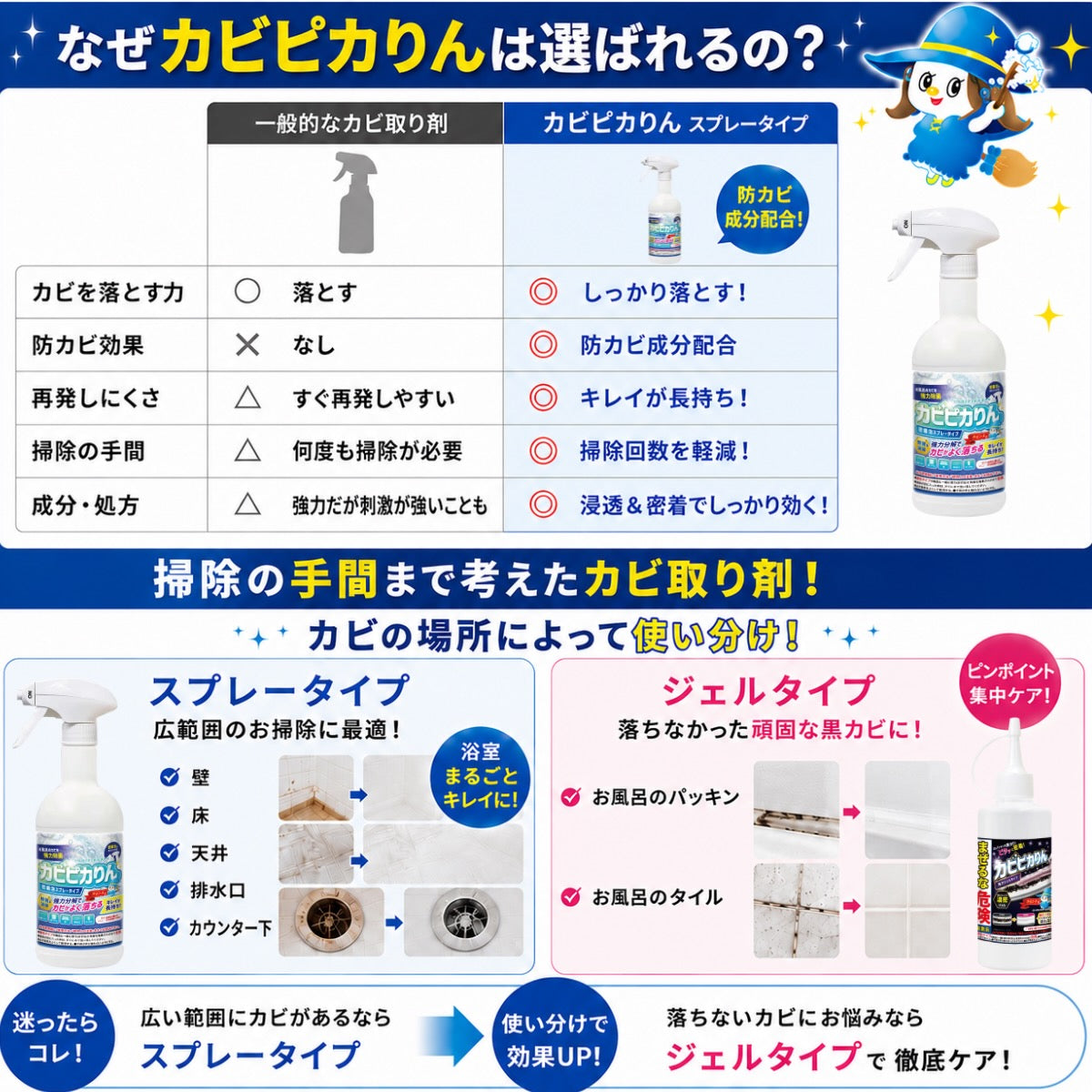 カビンヌ カビピカりん カビ取りスプレー 除去率99.9% 30日間防カビ 黒カビ ゴムパッキン タイル目地 浴室 日本製